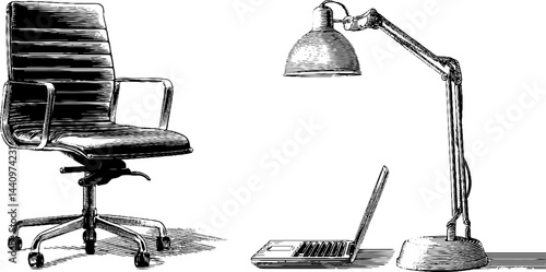 Vintage engraved office furniture set with chair, desk, and lamp design