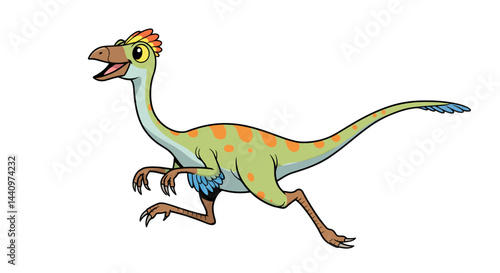 A Cartoon Gallimimus Dinosaur Running Swiftly With A Cheerful Expression In A Vector Art Style