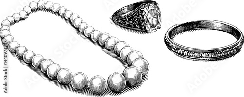 Vintage style engraved jewelry collection featuring pearl necklace, ring, and bracelet
