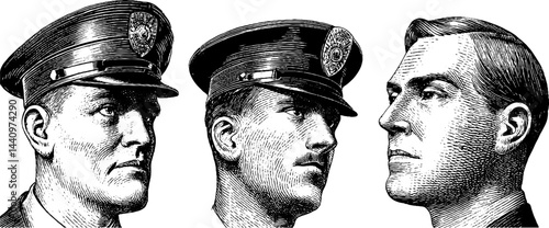 Engraved illustrations of immigration officers in uniform for historical design