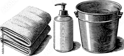 Vintage laundry scene with cotton towel, pump bottle, and metal bucket