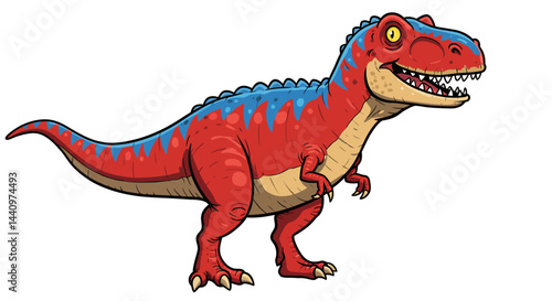 A Vibrant Red And Blue Giganotosaurus Dinosaur Rendered In A Bold Cartoon Vector Illustration Style