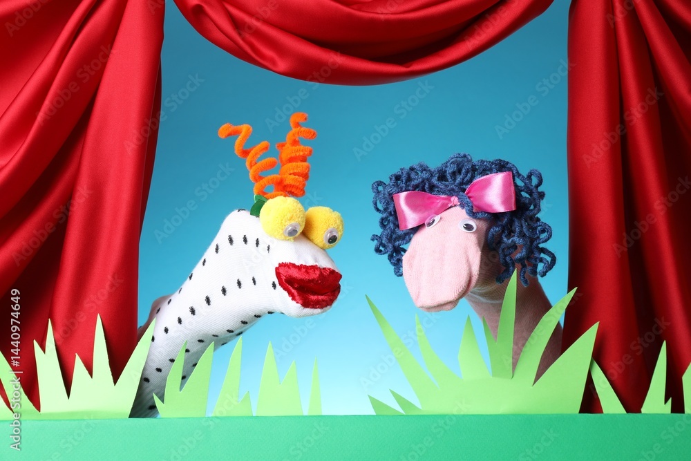 Naklejka premium Creative puppet show on stage with decorations and red curtains