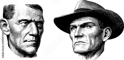 Engraved portrait illustrations of city mayor in black and white for design and decor