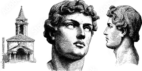 Engraved classical portraits and architectural illustration set