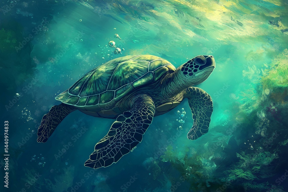 Fototapeta premium turtle archetype swimming through a crystal-clear ocean, representing patience and longevity