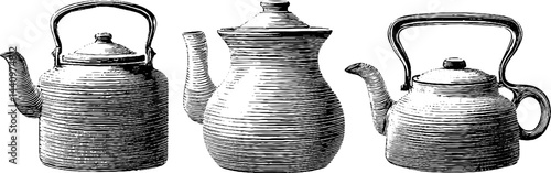 Vintage tea kettle collection engraved style for kitchen decor and design