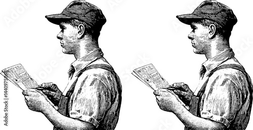 Vintage engraved illustration of census taker in profile holding notebook for documentation and record keeping