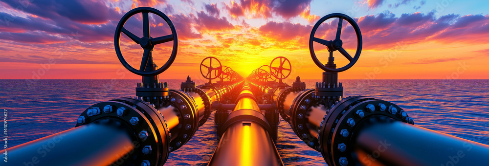 Financial news feed showing energy stock updates, with photo of gas pipelines, highlighting the fossil fuel market.