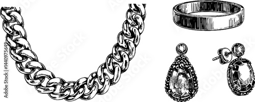 Intricate engraved jewelry designs featuring chain necklace and bangles