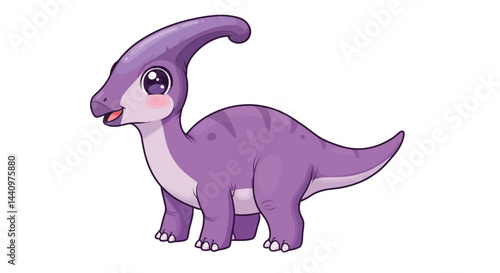 A Cute Cartoonish Parasaurolophus Dinosaur In A Vibrant Purple Color Stands On A White Background