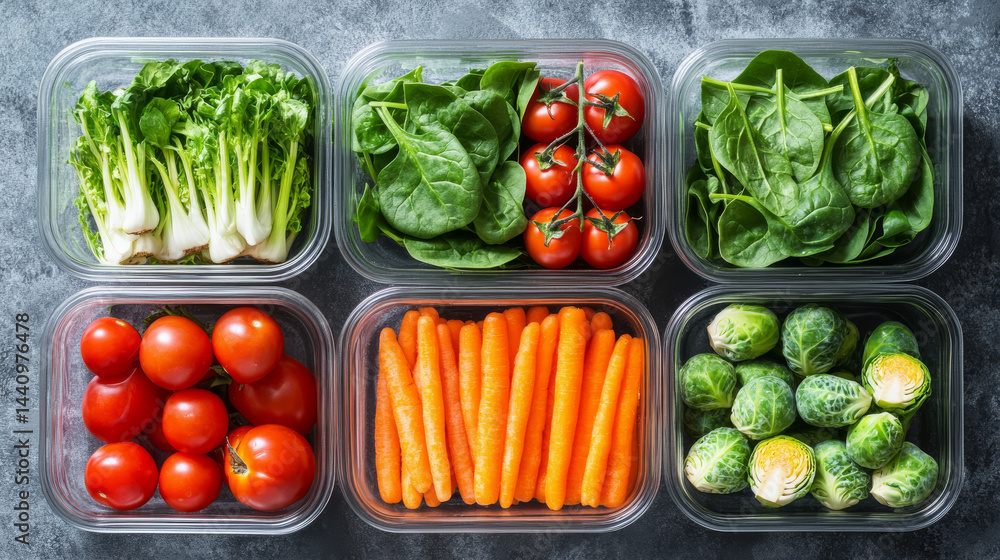 Glass containers packed with fresh vegetables like carrots, spinach, tomatoes, and Brussels sprouts displayed on a gray surface, emphasizing clean eating and plant-based diets Glass containers packed with fresh vegetables like carrots, spinach, tomatoes, and Brussels sprouts displayed on a gray surface, emphasizing clean eating and plant-based diets