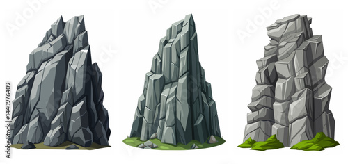 Mountain peak grey stone set. Big rock cartoon cliff. Cliff game objects. Boulder, stones, rocks, mountain peak relief. 2d rock asset. Mountain grey stones. Vector grey rock stone, isolated on white