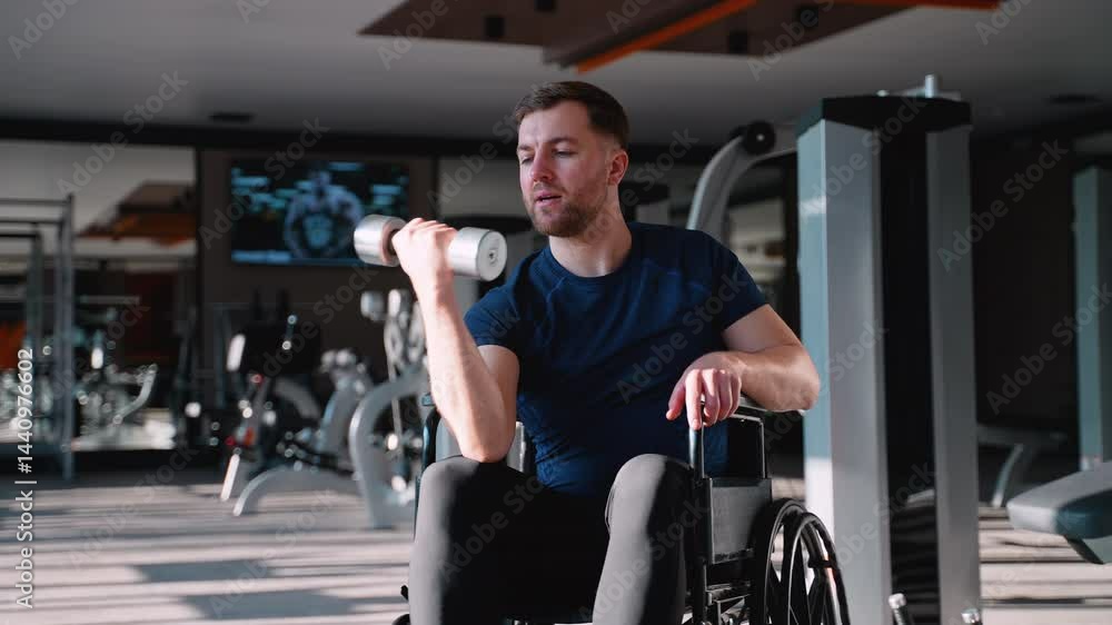 Man in wheelchair doing bicep curl exercise Man in wheelchair doing bicep curl exercise