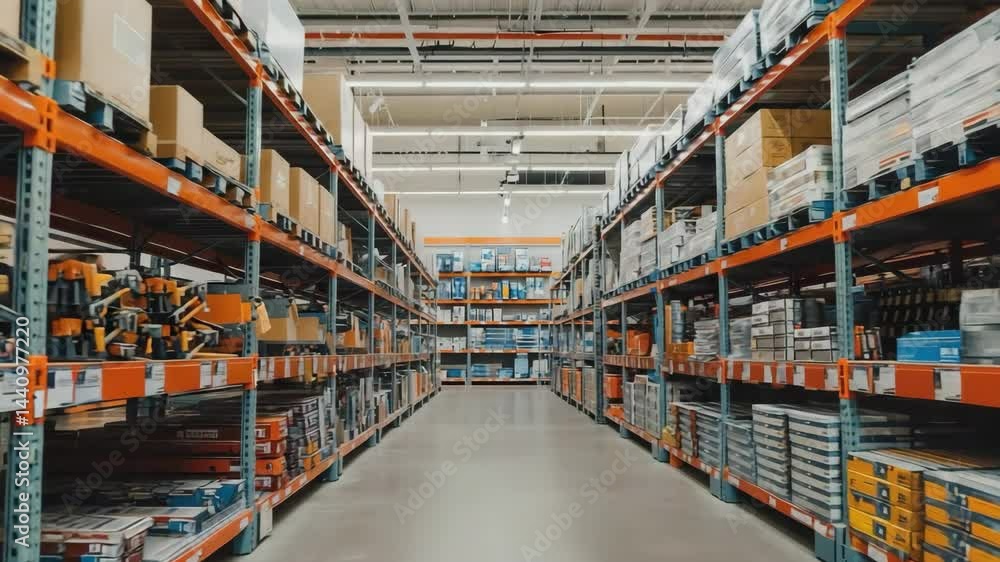Aisle view of a large warehouse or storage facility with stocked shelves Aisle view of a large warehouse or storage facility with stocked shelves