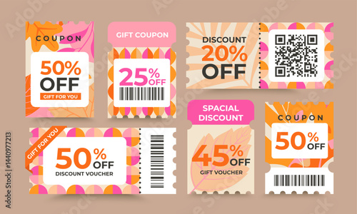 Set of autumn discount offer coupons.Gift vouchers,sale tickets template with cutting dashed lines,qr code.Shopping savings coupon.Design for web,social media,business promo,online purchases.Vector