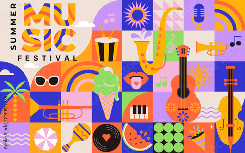 Summer music festival.Musical fest party,concept of live music event,jazz and rock concert.Music poster with instrument on geometric background.Template for banner,flyer,invitation,social media.Vector