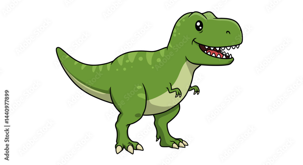 Fototapeta premium A Cute Green Cartoon Dinosaur Smiles With Its Small Teeth Showing In A Simple Vector Style