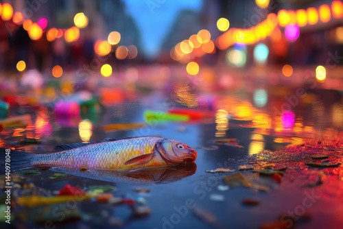 A colorful fish floats in a puddle on a city street with vibrant reflections of lights, creating a surreal and dreamlike urban scene at night after the rain.