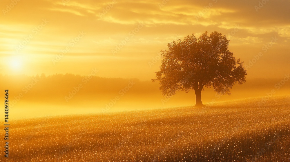 Solitary tree in misty sunrise field Solitary tree in misty sunrise field