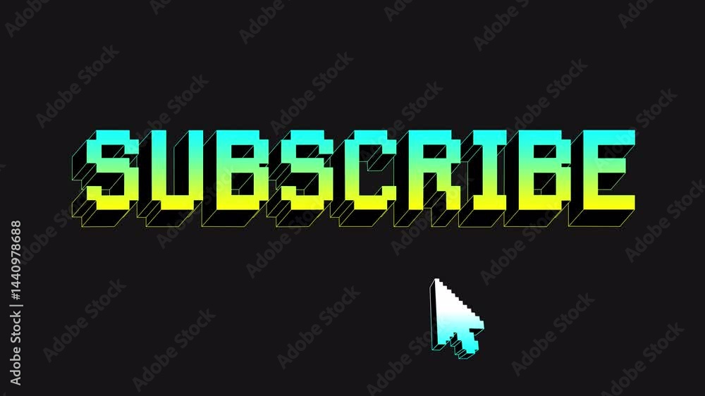 Pixel push the button subscribe word title banner. Neon gradient iridescent voxel live stream podcast channel text with a clicking cursor on a transparent alpha channel. Loop 