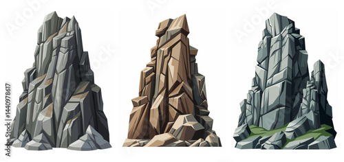 Mountain peak grey stone set. Big rock cartoon cliff. Cliff game objects. Boulder, stones, rocks, mountain peak relief. 2d rock asset. Mountain grey stones. Vector grey rock stone, isolated on white