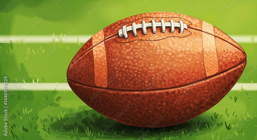 Obraz premium Close-up of a textured American football resting on a vibrant green field, showcasing the intricate details and sporty atmosphere