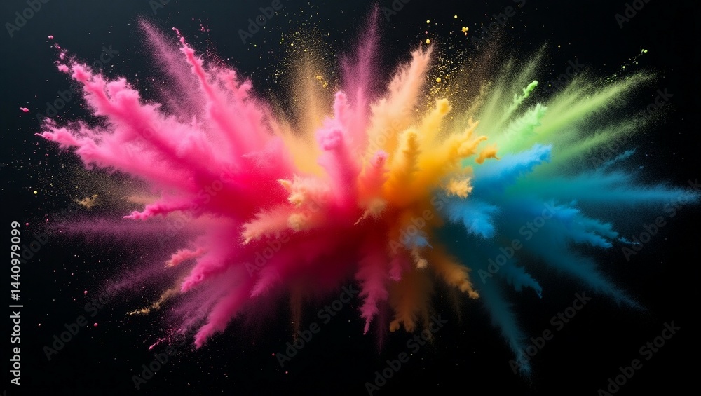 Fototapeta premium Colorful dust powder explosion black background with copy space. Dynamic blast eruption, vibrant effect, party, celebration, festival, color run element