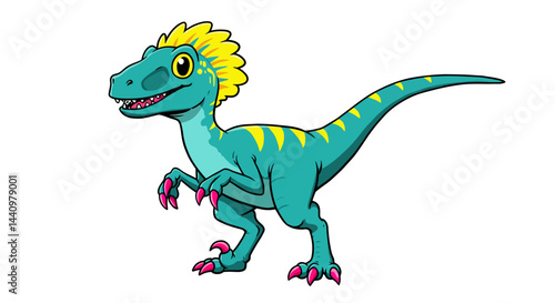 A Vibrant Cartoon Vector Illustrates A Playful Pink Velociraptor With Green Stripes And Large Eyes