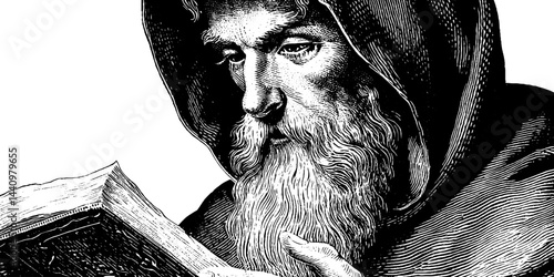 Mystical druid with ancient tome engraving for historical and fantasy design