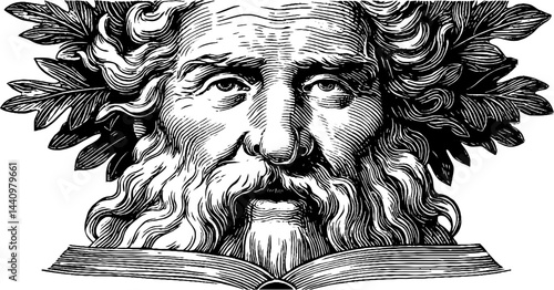 Mystical druid with ancient tome in intricate engraved style