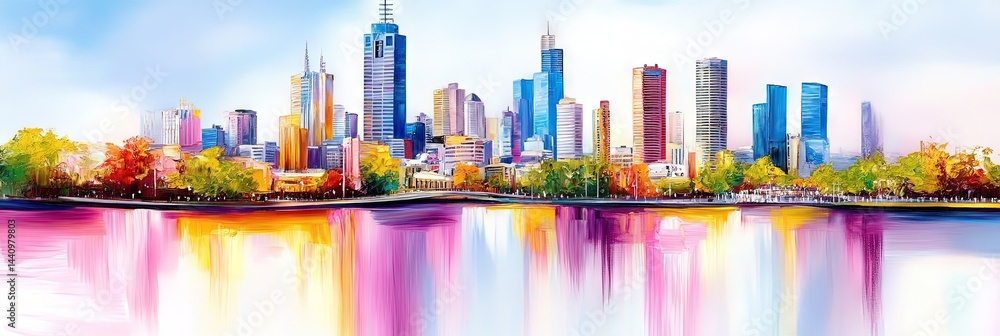 Naklejka premium oil painting melbourne downtown skyline 