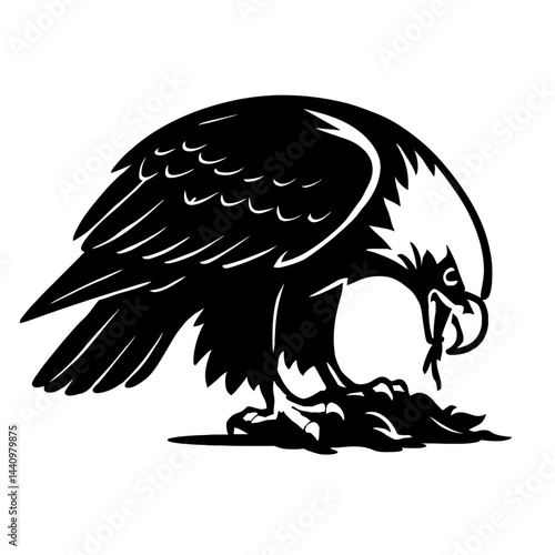 Detailed Eagle Animal Perched and Eating Illustration - Black and White for Nature, Wildlife, Predators, or Graphic Themes