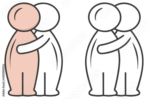 Cartoon Couple Hugging Silhouette with Color and Outline Version on Transparent
