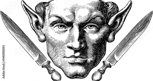 ChatGPT сказал:
Engraved illustration of a mythical elf with twin daggers, detailed face, and sharp weapons. 