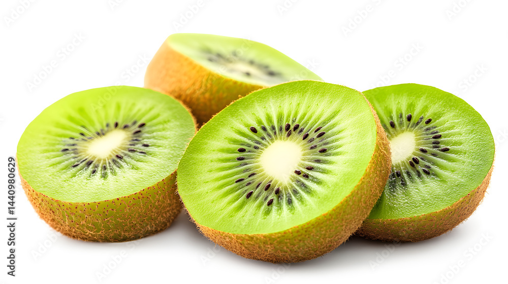 A close up of a green kiwi fruit with a few slices missing A close up of a green kiwi fruit with a few slices missing