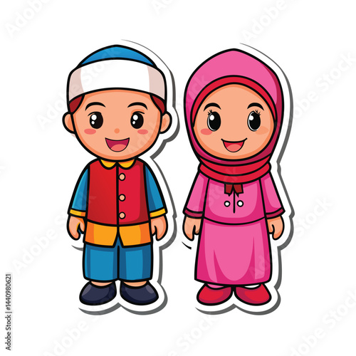 Cartoon Muslim boy and girl in traditional attire