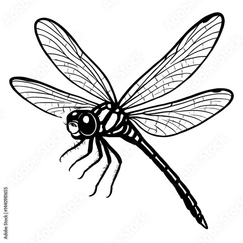 Detailed Dragonfly Insect Illustration with Transparent Wings - Black and White for Nature, Entomology, or Graphic Themes