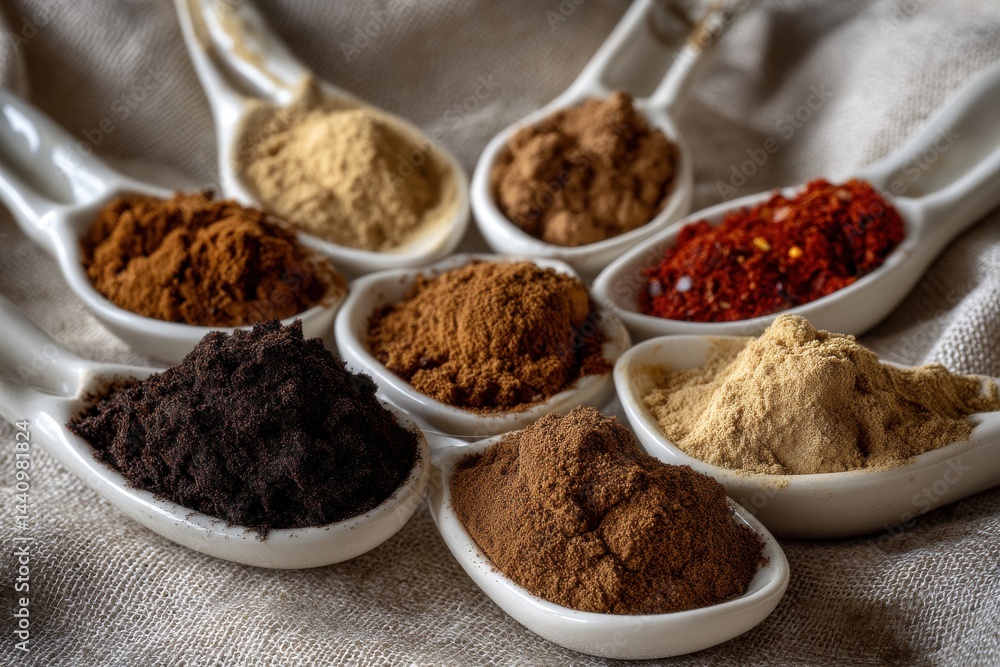 A close-up of a vibrant arrangement of colorful ground spices in white ceramic spoons, creating an aromatic and visually appealing composition for culinary arts and flavor. A close-up of a vibrant arrangement of colorful ground spices in white ceramic spoons, creating an aromatic and visually appealing composition for culinary arts and flavor.