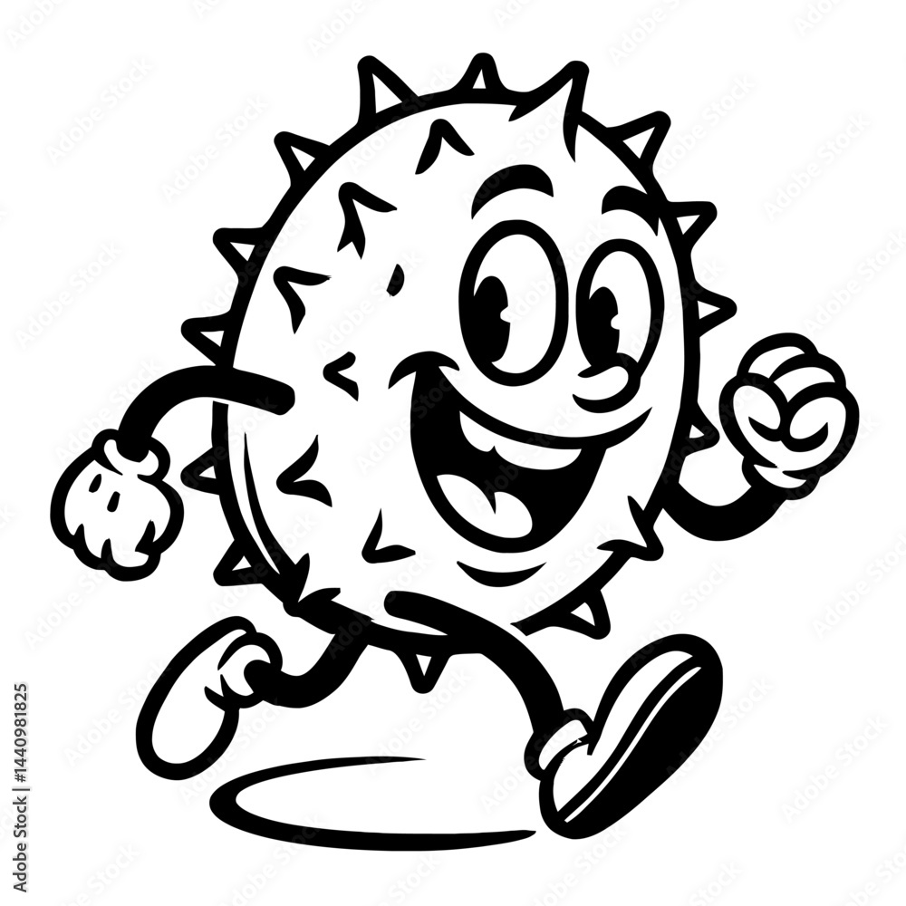 Cartoon Energetic Spiky Fruit Character Running - Black and White Illustration for Food, Tropical, Mascot, or Graphic Themes Cartoon Energetic Spiky Fruit Character Running - Black and White Illustration for Food, Tropical, Mascot, or Graphic Themes