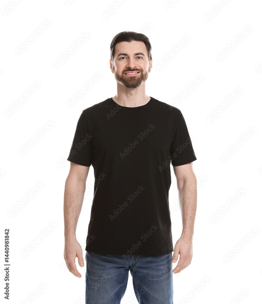 Man wearing blank black t-shirt on white background. Mockup for design Man wearing blank black t-shirt on white background. Mockup for design
