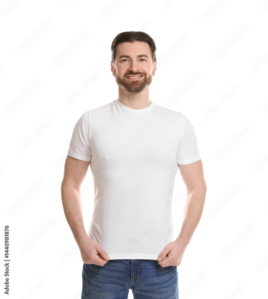 Man wearing blank t-shirt on white background. Mockup for design Man wearing blank t-shirt on white background. Mockup for design