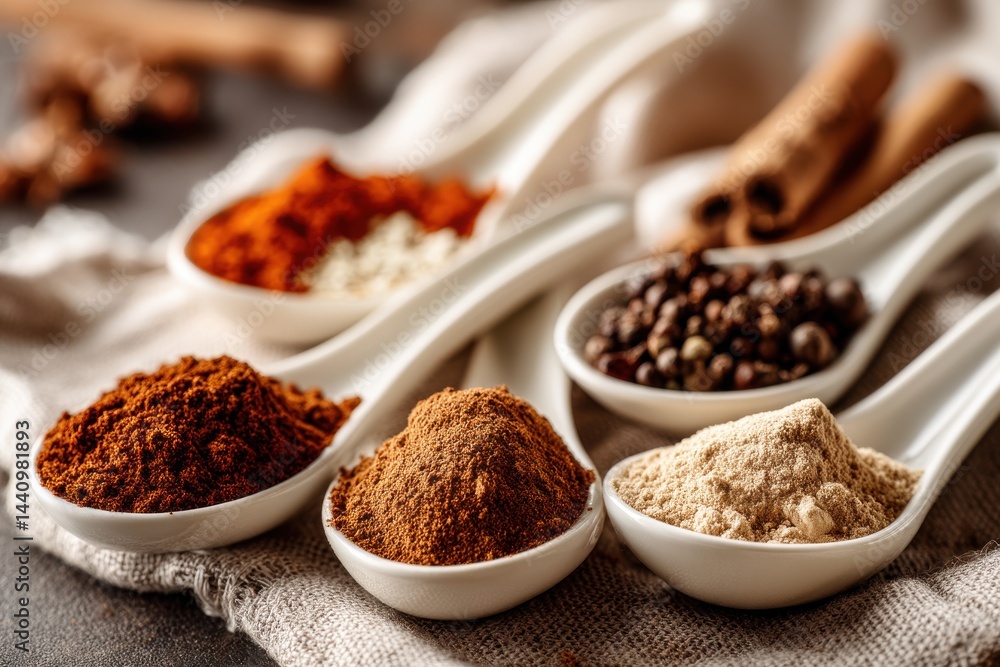 A close-up of various spices in white ceramic spoons on a textured linen cloth, featuring cinnamon, black pepper and colorful spice powders used for flavoring food. A close-up of various spices in white ceramic spoons on a textured linen cloth, featuring cinnamon, black pepper and colorful spice powders used for flavoring food.