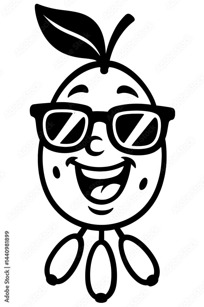 Obraz premium Cartoon Smiling Fruit Character with Sunglasses and Small Berries Below - Black and White Illustration for Food, Drinks, Mascot, or Graphic Themes