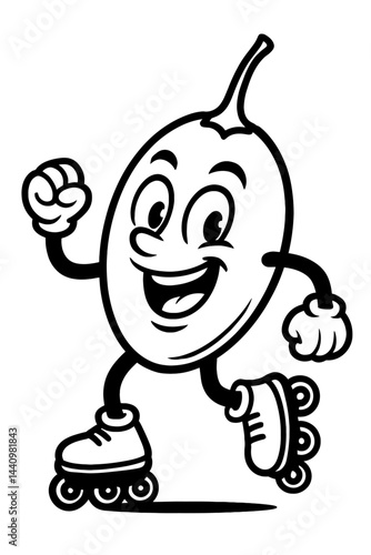 Cartoon Smiling Hot Pepper Character Rollerblading - Black and White Illustration for Sports, Food, Mascot, or Graphic Themes