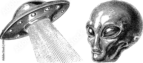 Vintage engraved alien spaceship and mysterious extraterrestrial head artwork