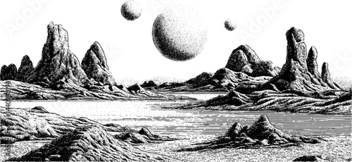 Engraved illustration of twin moons over alien planet landscape
