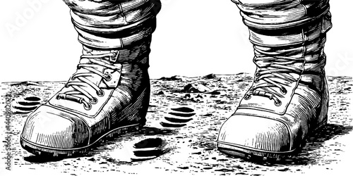 Engraved art of astronaut boots on lunar surface for space exploration design