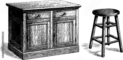 Engraved illustration of wooden bar stool and counter for interior design
