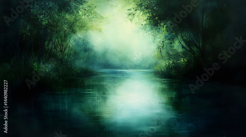 Wallpaper Mural A calm and peaceful scene painted in soft shades of green and blue to symbolize growth, healing, and serenity. Torontodigital.ca